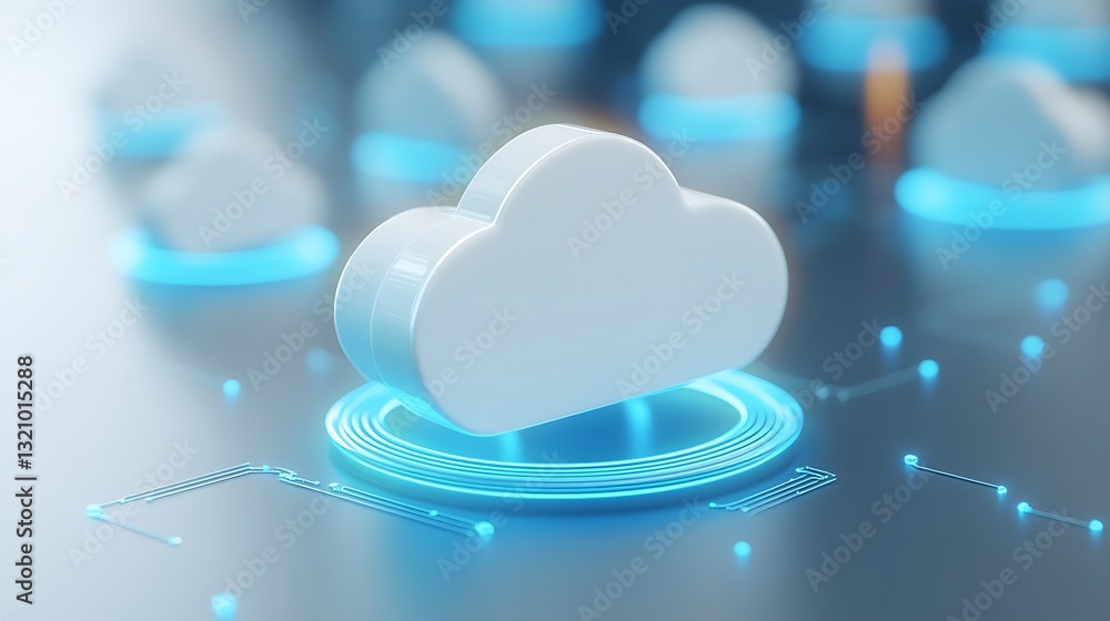 Poster white 3d cloud symbol with neon blue circuit elements on a futuristic background for digital technol