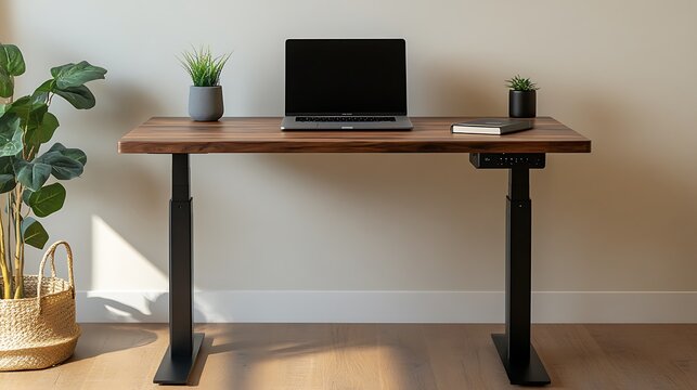 Modern wooden standing desk with laptop