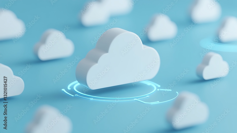 Poster white clouds on a blue background with digital elements representing cloud technology and innovation