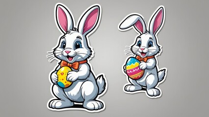 Obraz premium Two bunnies with eggs on a gray background, one wearing a bowtie