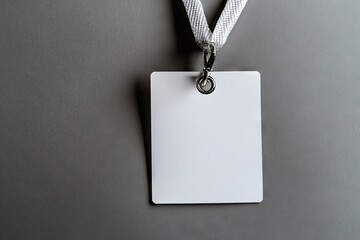 Blank white identification card, hanging by white ribbon on gray background