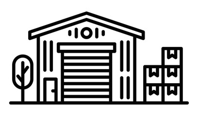 Warehouse building with boxes icon, outline vector. Editable stroke.