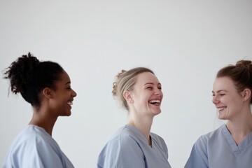 Three healthcare professionals share joyful moments, showcasing