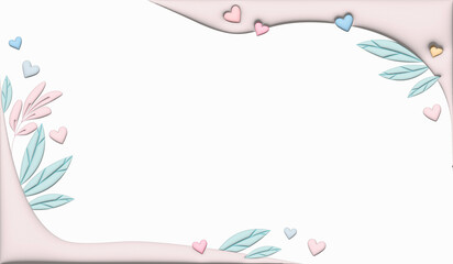 A volumetric illustration with images of hearts and leaves, in pastel soft tones.