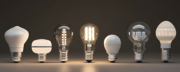 Variety of modern light bulbs on display with different designs and lighting types