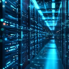 Fototapeta premium Server room corridor, data center, digital, glowing, technology, future, network, infrastructure, computing