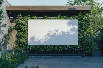 Modern outdoor display wall, featuring a large blank billboard against a lush green wall, nestled within a stylish garden setting.  Wooden structure, stone accents, and a paved area complete the scene