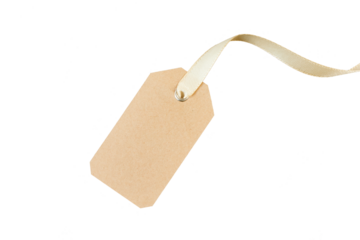 brown paper gift tag with golden silk ribbon band isolated on white or transparent png