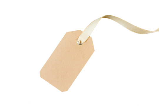 brown paper gift tag with golden silk ribbon band isolated on white or transparent png - Powered by Adobe