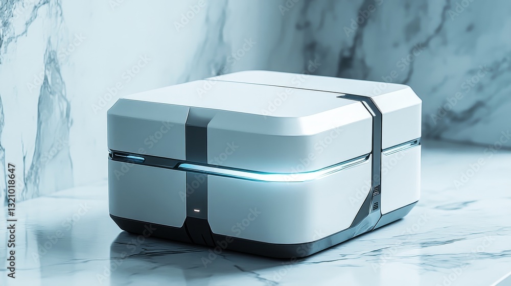 Poster futuristic present box in sleek 3d render style, displayed on a white background. side and slightly 