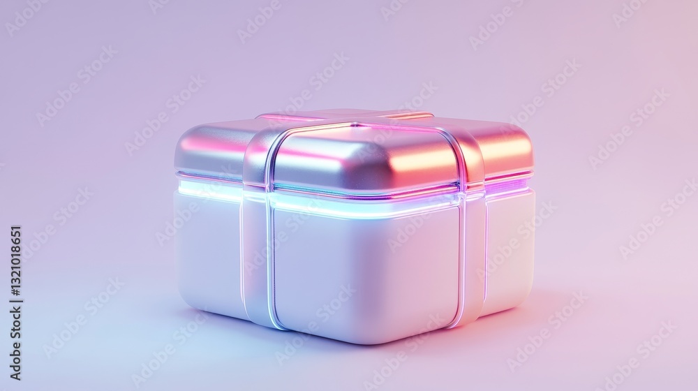 Poster futuristic present box in sleek 3d render style, displayed on a white background. side and slightly 