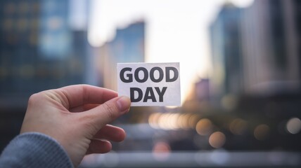 A Hand Holding a Note Saying Good Day Against a City Background