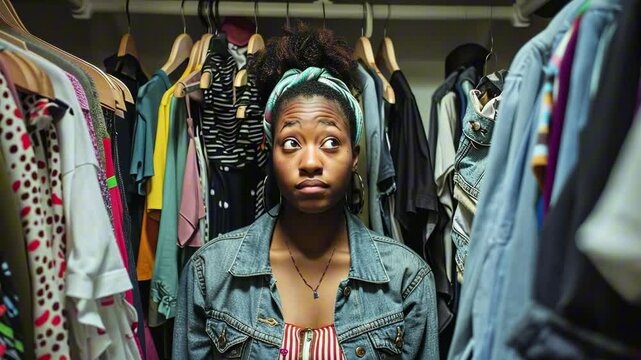 Afro american woman standing in a closet in front of a messy wardrobe with a puzzled expression, deciding what to wear. Concept of fashion choices and daily dilemmas, decluttering