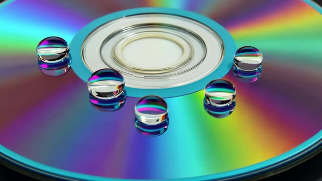 Mesmerizing cd reflection with raindrop patterns: dynamic light play and captivating prism colors in motion
