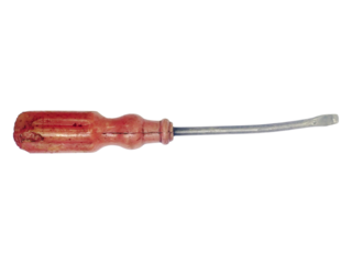 Vintage, worn screwdriver with a curved shaft and reddishbrown wooden handle.  Ideal for projects needing a rustic, aged, or DIY aesthetic. Evokes feelings of craftsmanship, repair, and nostalgia.