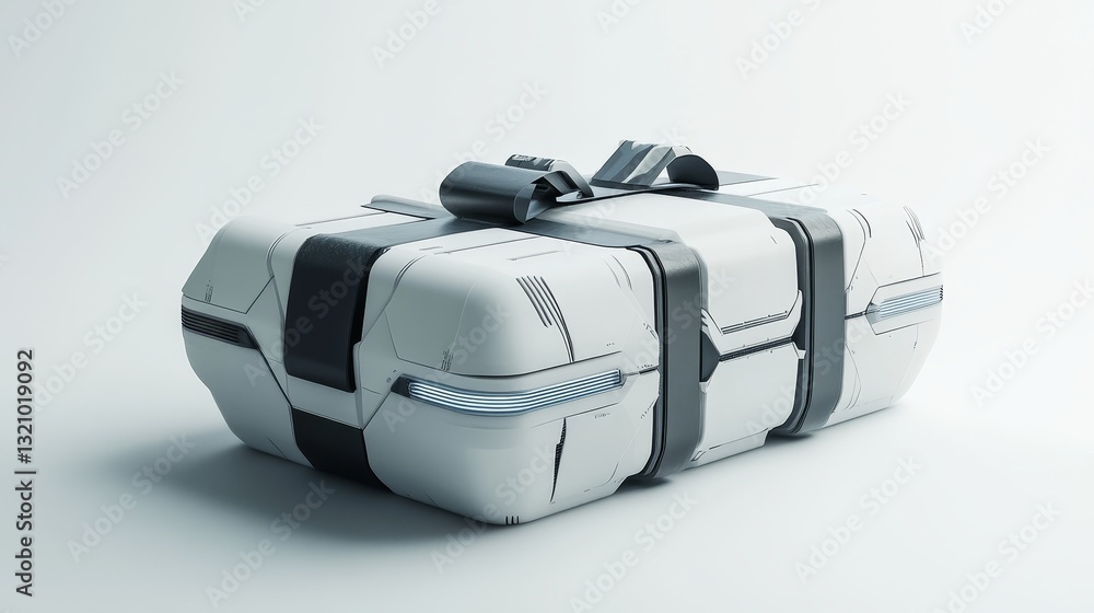 Poster futuristic present box in sleek 3d render style, displayed on a white background. side and slightly 
