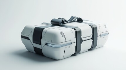 Futuristic present box in sleek 3D render style, displayed on a white background. Side and slightly top view showcasing a modern, high-tech design with smooth edges and a minimalist aesthetic.