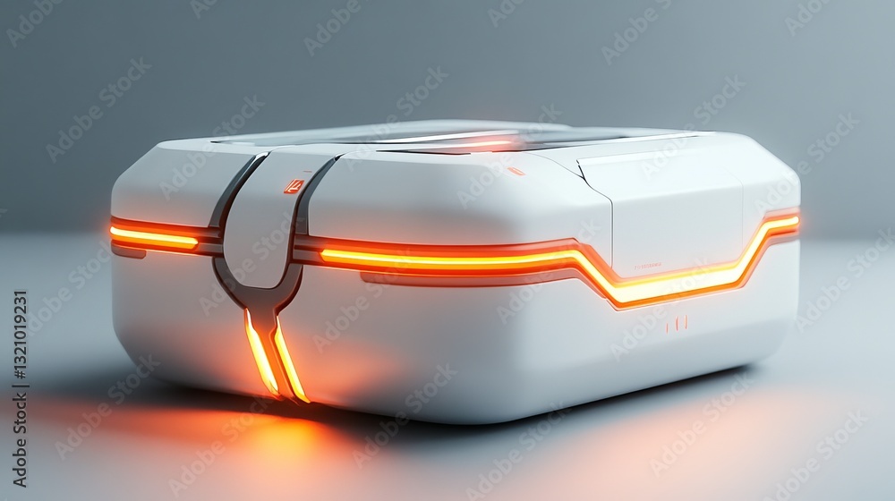 Poster futuristic present box in sleek 3d render style, displayed on a white background. side and slightly 