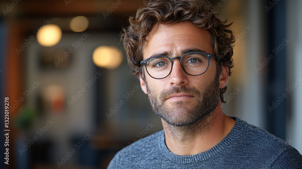 Aufkleber Thoughtful man with glasses engaged in audio content creation while focusing on sound and creative ideas in modern setting