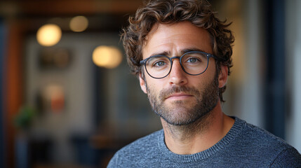 Obraz premium Thoughtful man with glasses engaged in audio content creation while focusing on sound and creative ideas in modern setting
