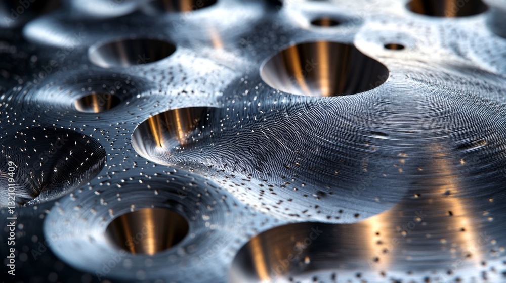 Poster Detailed view of a machined metal surface featuring precision holes and intricate patterns. The reflections highlight the quality of engineering in a manufacturing environment during daytime.