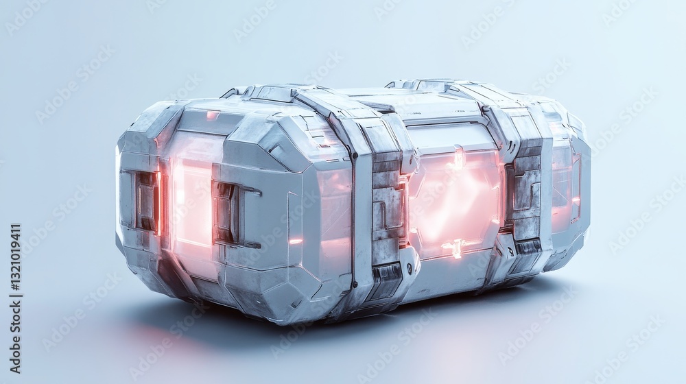 Poster futuristic present box in sleek 3d render style, displayed on a white background. side and slightly 