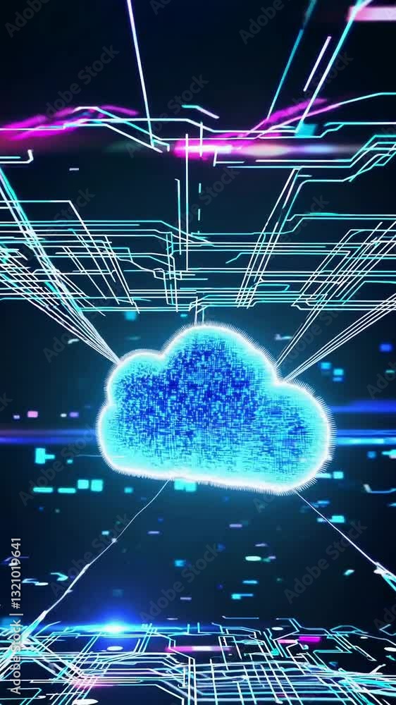 Poster futuristic digital cloud with glowing data streams and network connections in motion