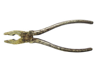 Rustic, aged pliers isolated on white.  Shows wear and tear, suggesting a history of hard work.  Perfect for concepts of craftsmanship, resilience, or the passage of time.