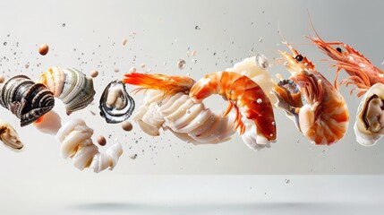 Floating seafood array, flying shrimp, mussels, mollusks, oysters, fish, fish fillet, sushi on white background with water droplets, splashes, freshness. Horizontal promotional banner, splash,