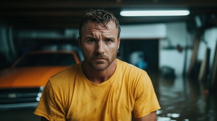 A man wearing a yellow shirt appears serious as he stands in a flooded garage, with an orange car half-submerged in water reflecting his concern for the situation.