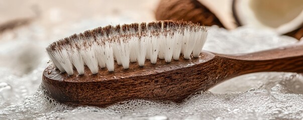 Wooden hairbrush with natural bristles surrounded by suds and coconut on a rustic table