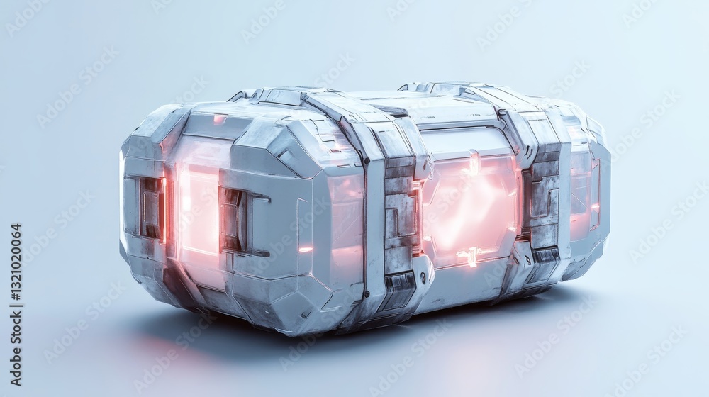 Poster futuristic present box in sleek 3d render style, displayed on a white background. side and slightly 