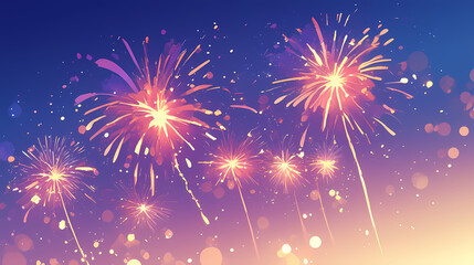 Naklejka premium Colorful fireworks illuminate the night sky over a festive cityscape, creating a joyful celebration atmosphere