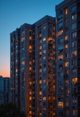 Complejo de apartamentos al anochecer, con luces de diferentes colores brillando desde las ventanas, creando un mosaico de tonos cálidos