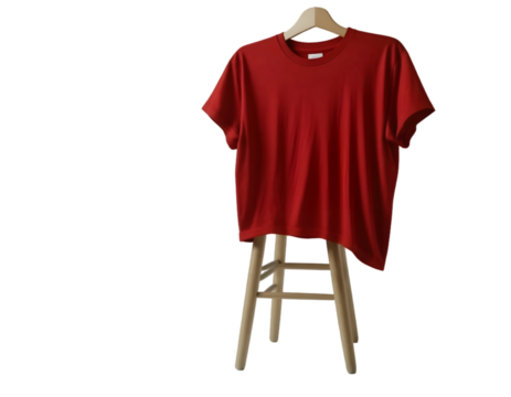 Red t-shirt on wooden bar stool, isolated on transparent background