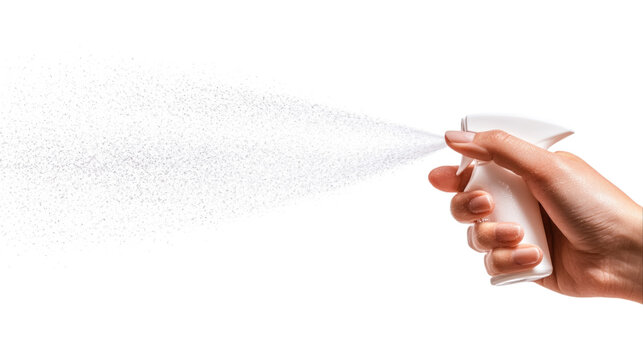 Hand holding white spray bottle releasing fine mist isolated on transparent background, cutout png