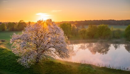 serene spring landscape with a blooming tree and a reflection on a lake