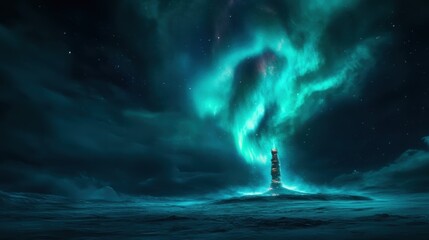 Obraz premium A striking lighthouse stands tall amidst a magical display of Northern Lights, illuminating the night sky and creating a serene atmosphere of guidance and hope.