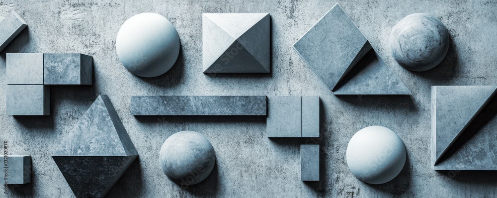 Poster abstract geometric shapes on textured background in various shadows and light