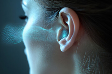 The neon sound wave passes into the human hearing organ. The female ear catches the sound vibrations in the form of a neon digital wave.