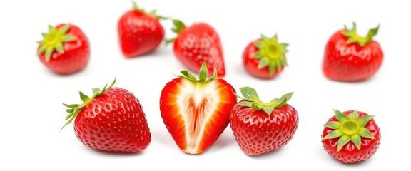 A single ripe strawberry, vibrant red, isolated on pure white, clean background, design element
