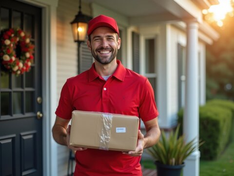 Repartidor sonriente con uniforme rojo sosteniendo un paquete, parado afuera de la puerta de un cliente, listo para entregar