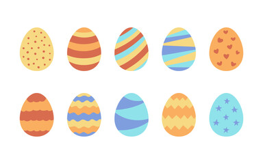 Decorated color Easter eggs set. Egg in flat style. Festive traditional meal decorated eggs. Vector illustration