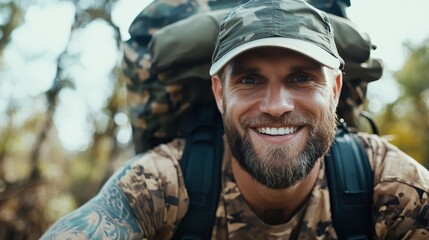Fototapeta premium A bright and enthusiastic hiker wearing a camouflage cap, showcasing a wide smile against a vibrant, natural backdrop that embodies the spirit of adventure and exploration.