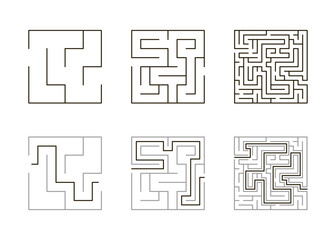 Labyrinth game different levels, logic challenge to navigate its twisting paths. Kids maze, strategy, problem-solving. Square maze with ready solution. Vector illustration on white background