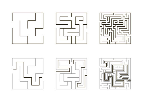 Labyrinth game different levels, logic challenge to navigate its twisting paths. Kids maze, strategy, problem-solving. Square maze with ready solution. Vector illustration on white background