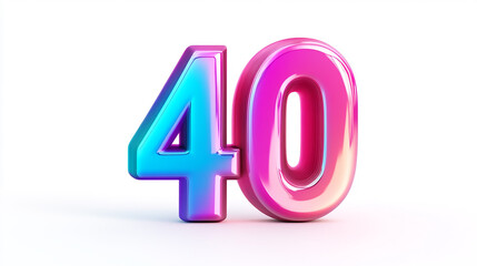The '40%' symbol is prominently centered, glowing with vibrant holographic hues of pink, blue, and purple.  metallic shimmer, isolated on a clean white background, ideal for discount or promotional