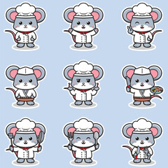 Vector Illustrations of cute Mouse chef mascot cartoon character. Illustration Collection of Mouse icon isolated. This is Vector Illustration.