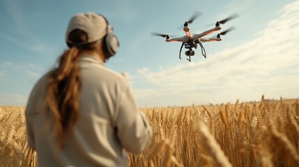 A figure uses a drone to survey a vast, golden wheat field, combining technology with agriculture while epitomizing modern farming practices and innovative experiences.