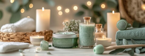 Luxury Spa Skincare Relaxing spa setup with candles and green products. Luxury spa skincare relaxation setup with organic face masks, jade rollers, and aromatherapy candles in soft lighting